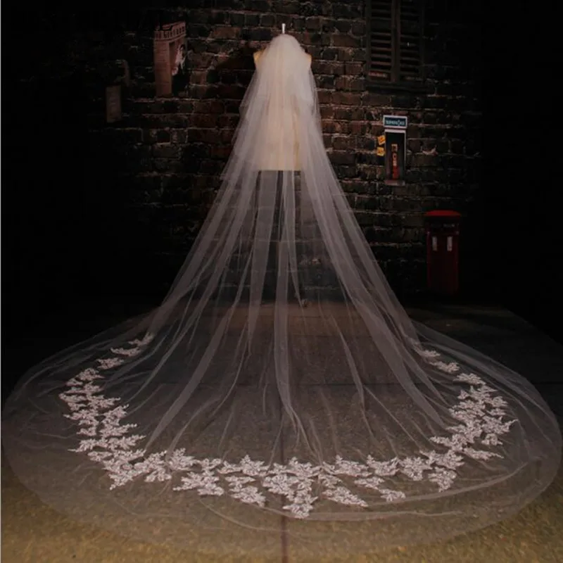 Реальное изображение 3,5 м 5 м 7 м Длина 3 м Ширина индивидуальный заказ Белый Кот Длинные свадебная фата с кружевом свадебные аксессуары