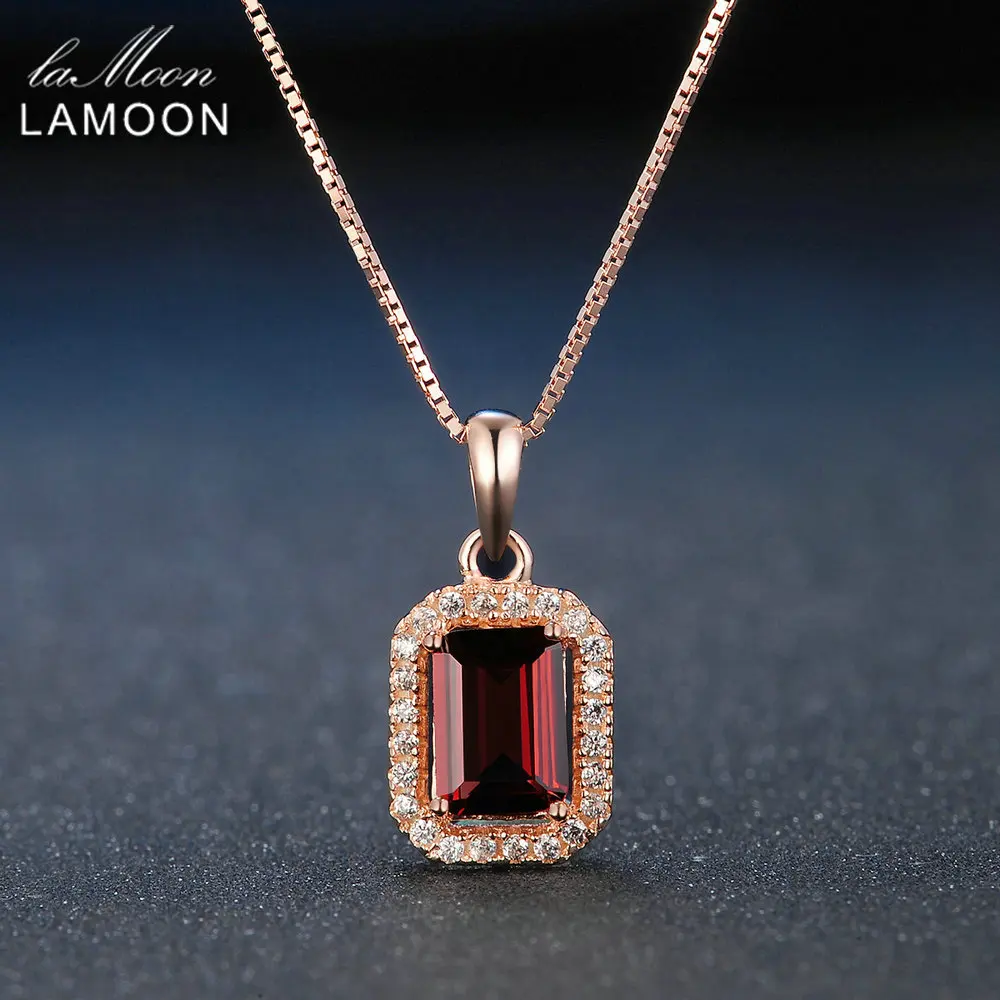 LAMOON 925 пробы Серебряное ожерелье прямоугольный красный гранат драгоценный