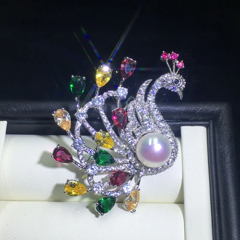 

ZHBORUINI 2019 High Quality Natural Freshwater Pearl Brooch Coloured Zircon Chinese Style Peacock Brooch Pearl Jewelry For Women