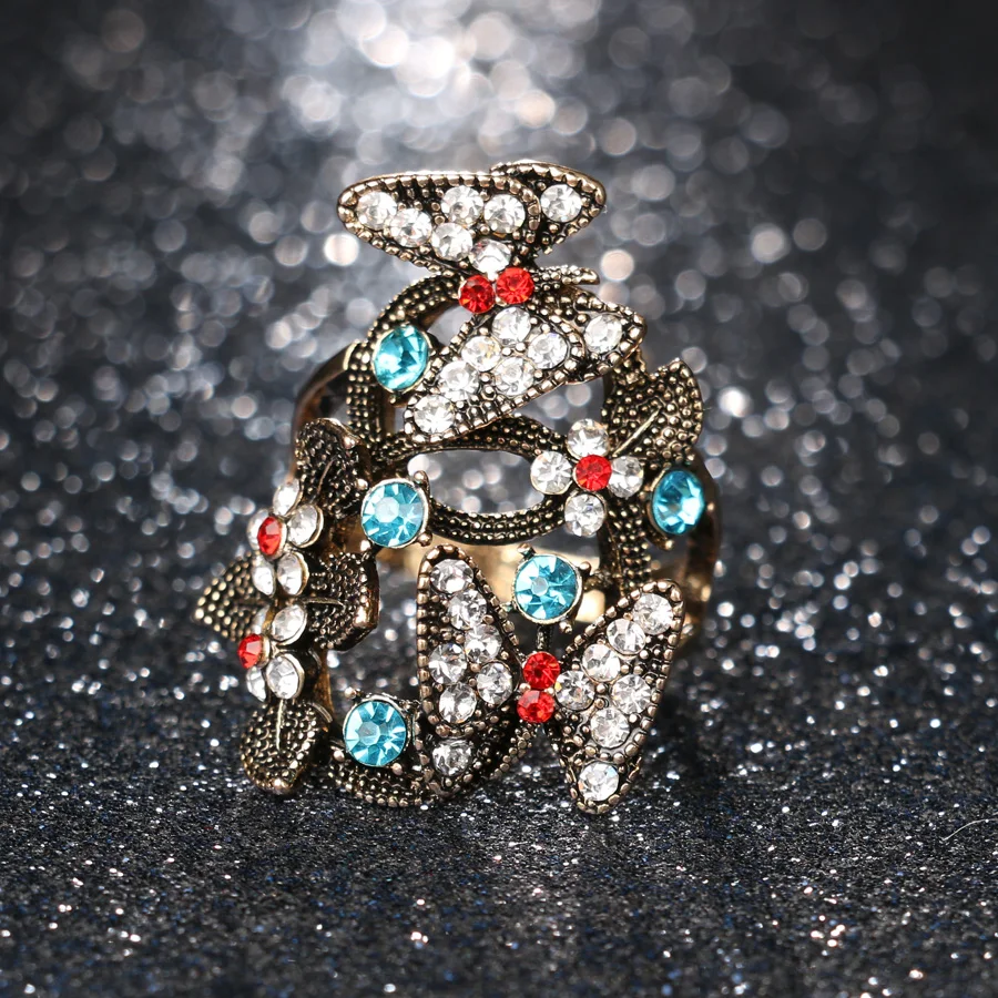 Женское кольцо в богемном стиле с кристаллами и бабочкой|butterfly rings for women|rings womenring |