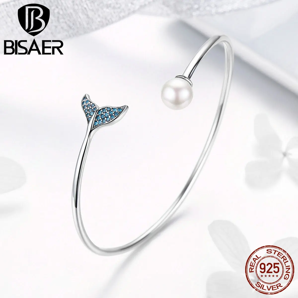 Beste BISAER 925 Sterling Silver Blue CZ Mermaid Fishtail en Parel Armband voor Meisje Mode sieraden 2019 Mode Geschenken GXB123
