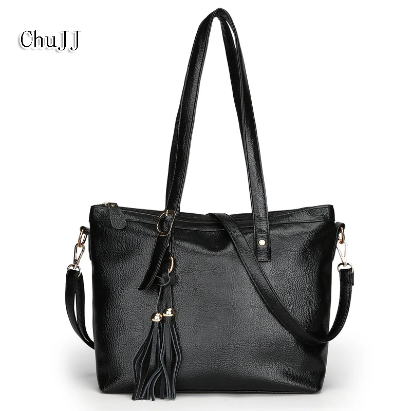 Chu JJ Women's Genuine Leather Handbags Big Size Tassel Shoulder