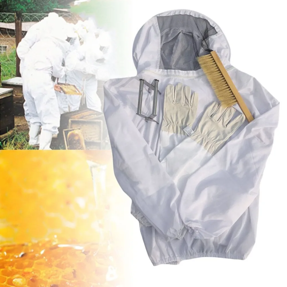 

4PCS/SET Beekeeping Suit Tool Set Breathable White Beekeeping Jacket + Bee Brush + Lifter + Gloves Set Equipment