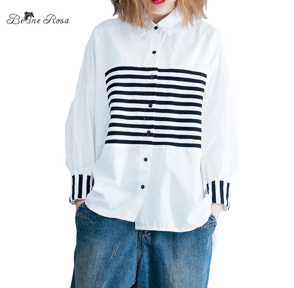 

BelineRosa European Style Women Blouses Striped White Clothes Turn Down Longer in the Rear Big Sizes Blouses Female DMNZ0038