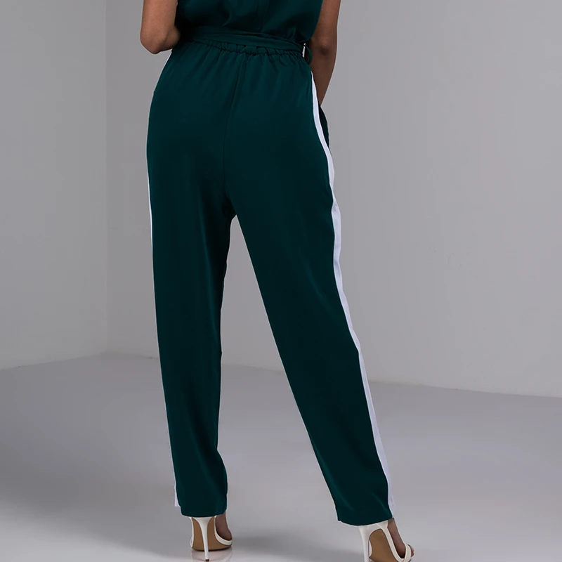 AKIRA Women's Cap Sleeve Deep V Slinky Contrast Stripe Self Tie Belt Waist Straight Leg Pant Jumpsuit (2)