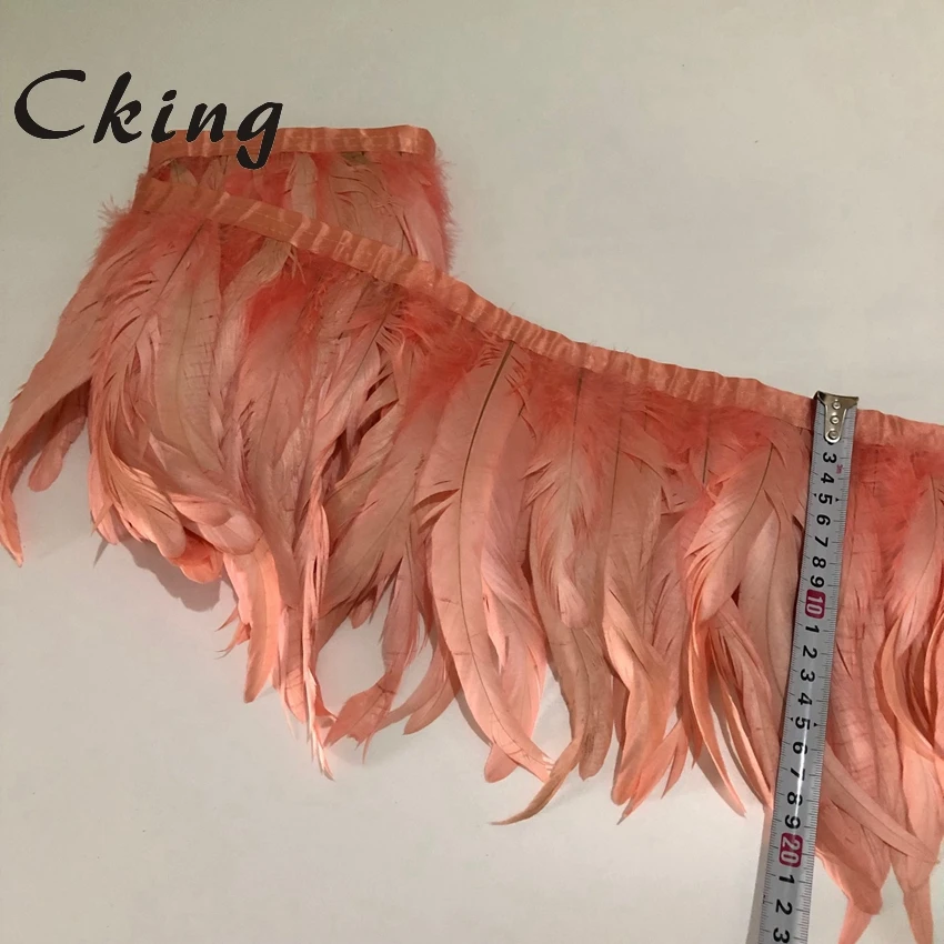 

Nice 2 Meters Water melon Natural Chicken Rooster Tail Feathers Trims Strip for Wedding Party Clothing lace ribbons DIY 20-25cm