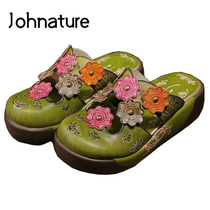 

Johnature Genuine Leather Casual Summer Sandals Hand-painted Outside Flower Wedges Slides National Style Slippers Women Shoes