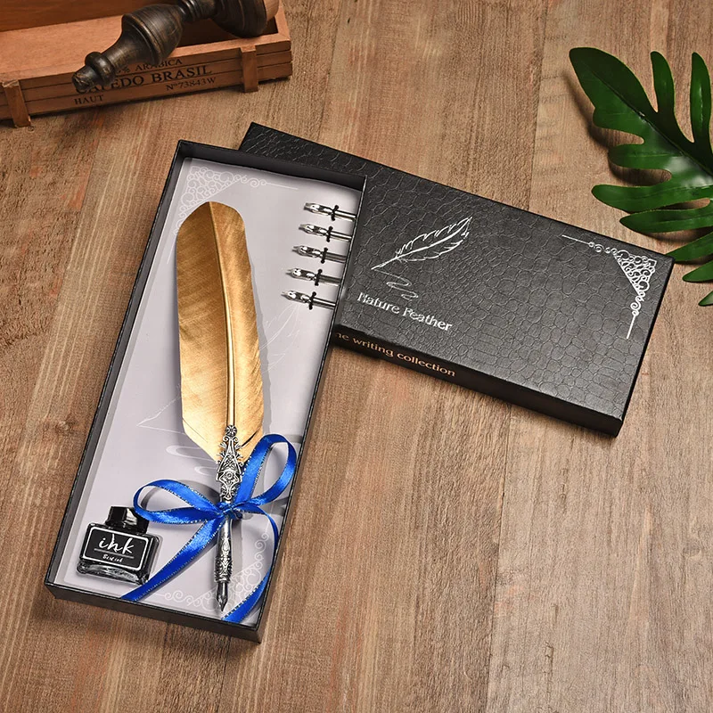 

Gold Feather Pen Metal Fountain pen Inserted Ink Set Vintage Silver Feather Pen Student Office Supplies Valentine's Day Gift