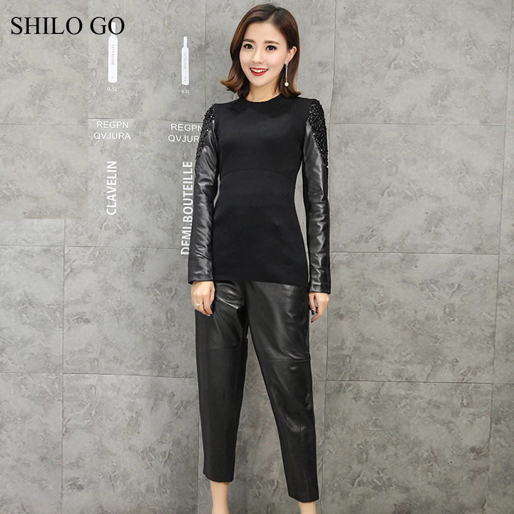 SHILO GAAN Lederen Pak Womens Herfst Mode schapenvacht lederen Sets O Hals lederen mouw blouse beknopte losse harem broek SHILO GAAN Lederen Pak Womens Herfst Mode schapenvacht lederen Sets O Hals lederen mouw blouse beknopte losse harem broek