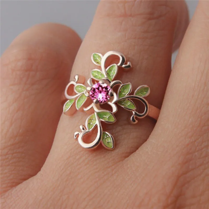 

BOAKO Delicate Zircon Crystal Leaf Shell Flower Rings for Women Ladies Girls Rose Gold /Silver Color Wedding Ring Jewelry bague