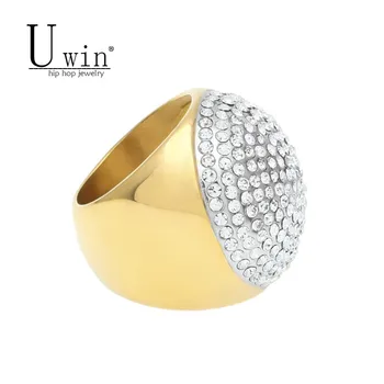 

UWIN Stainless Steel Jumbo Round Ring Bling AAA Rhinestone Crystal Gold color Hip Hop Style Iced Out Mens Rings Punk Jewelry