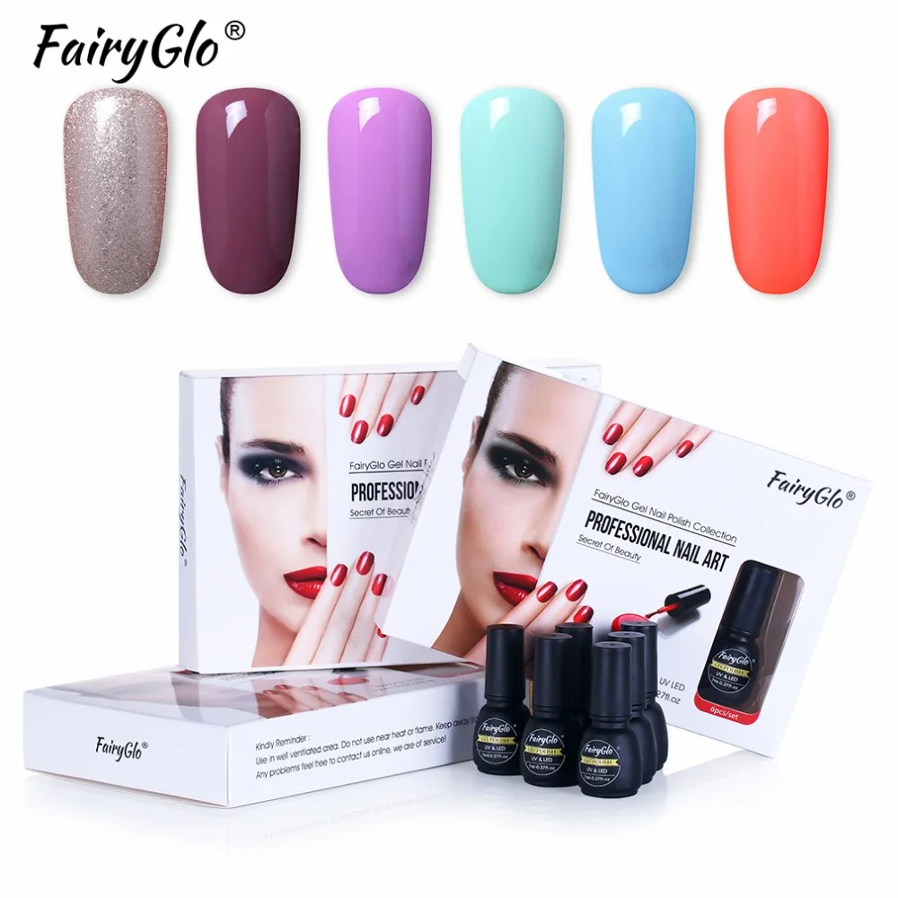 

FairyGlo 6pcs Nail Art Set UV LED Gelpolish Manicure Tool Soak Off Semi Permanent Primer Hybird Glue Varnish Kit Nail Art Set