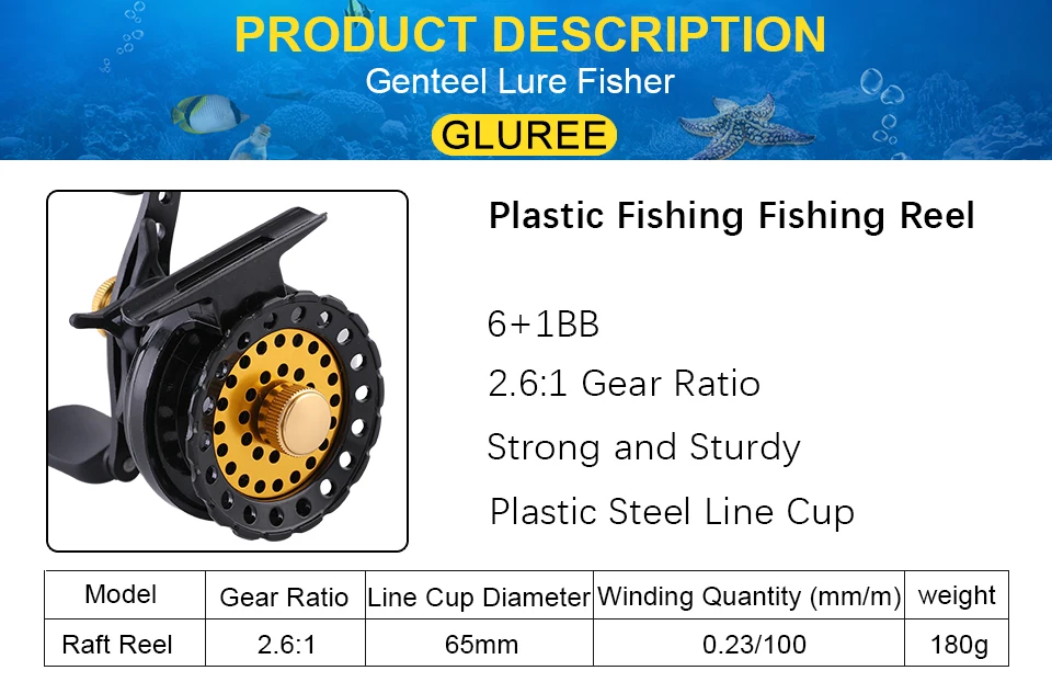 GLUREE Plastic Steel Fishing Rafts Saltwater Fly Fishing Reel 6+1BB 2.61 BlackGold LeftRight Hand Bait Casting Front Wheel (9)