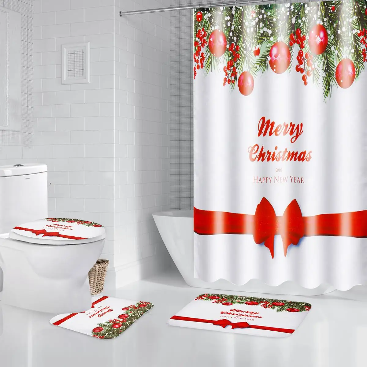 

Waterproof Anti-slip Red Christmas Theme Bathroom Printed Shower Curtain Rug Mats Set Toilet Rug Floor Mat Home Bath Room Decor