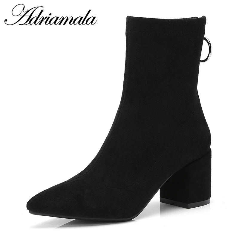 

2018 Flock Ladies High Heel Boots Zip Basic Pointed Toe Square Heel Zipper Ankle Boots For Women Fashion Adriamala