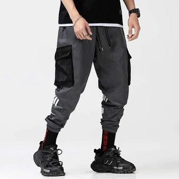 

Pants Men Cargo Patchwork Color Harem Pants High Steet Casual Drawstring Big Pockets Joggers Trousers Sweatpants