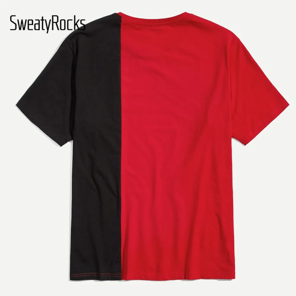 SweatyRocks الرجلين لهجة إلكتروني طباعة المحملة الشارع الشهير قصيرة الأكمام والقمصان ملابس عصرية 2019 الصيف Preppy Colorblock تيز