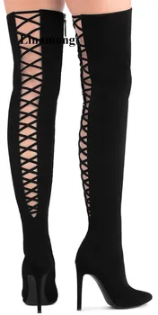

Spring and Autumn black Long Tube Boots Thin High Heels Pointed Toe Women Boots Back Cross Strap Design Fashion And Comfortable