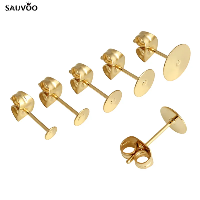 Hot Sauvoo 50pcs Stainless Steel Gold Color Blank Stud Earring Sauvoo 50pcs Stainless Steel Gold Color Blank Stud Earring Base Fit 3mm 4mm 5mm 6mm 8mm Cabochon Beads Diy Jewelry Making F5355
