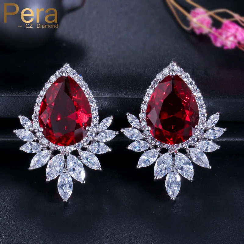 

Pera Fashion Ladies Big Pear Cut Stud Ear Jewelry Red Cubic Zirconia Stone Paved Evening Party Earrings For Women E241