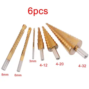 

6PCS HSS Steel Titanium Coated Step Drill Bits Set 4-32mm HSS Steel Twist Drill Bit Woodworking Cutter Wood Metal Drilling Set