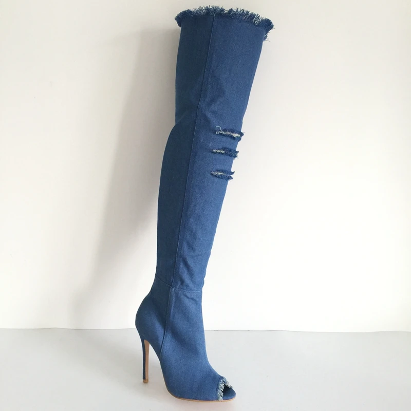 Blue deep Stivali Sexy Stiletto Blue med Il Blue Scarpe Toe Donna Denim Nero Pale il Cut outs Lungo Jeans Ginocchio Peep Alti Blue Sopra blue Coscia Trimed Da sky RFqx765