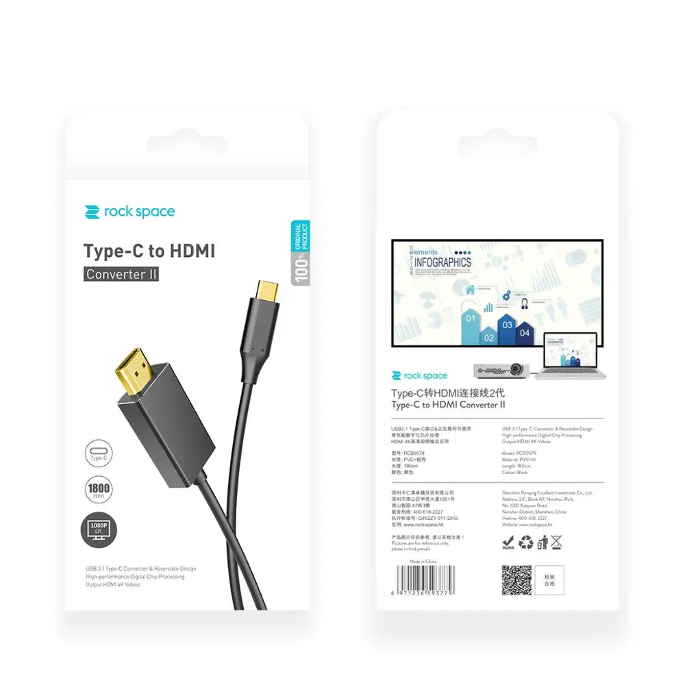 Рок USB type C к HDMI кабель конвертер реальный 4 ТВ 180 см адаптер концентратор для Macbook