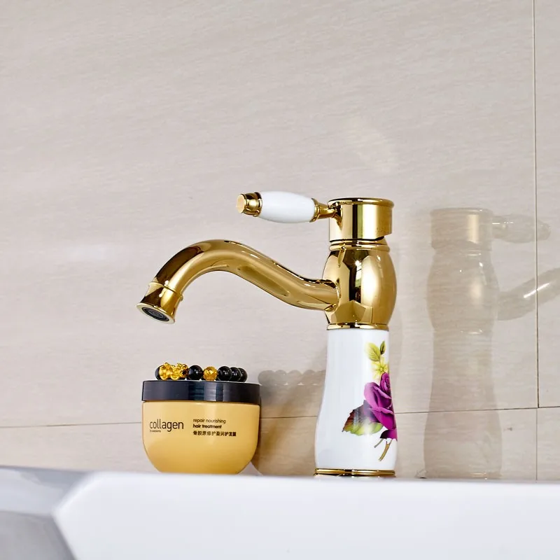 Бортике Однорычажный креативный смеситель для раковины для ванной комнаты кран золотой с цветочным узором смеситель для раковины