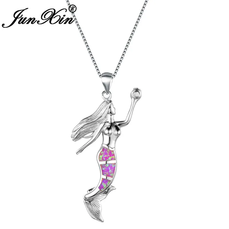 

JUNXIN Mystic Fire Opal Fairy Mermaid Pendant Necklaces For Women 925 Sterling Silver Filled Purple White Green Opal Necklace
