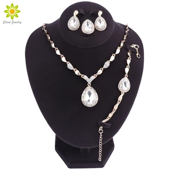 

Wedding Jewelry Set African Gold-color Jewelry White Crystal Water Drop Pendant Necklace Women Earrings Bracelet Ring