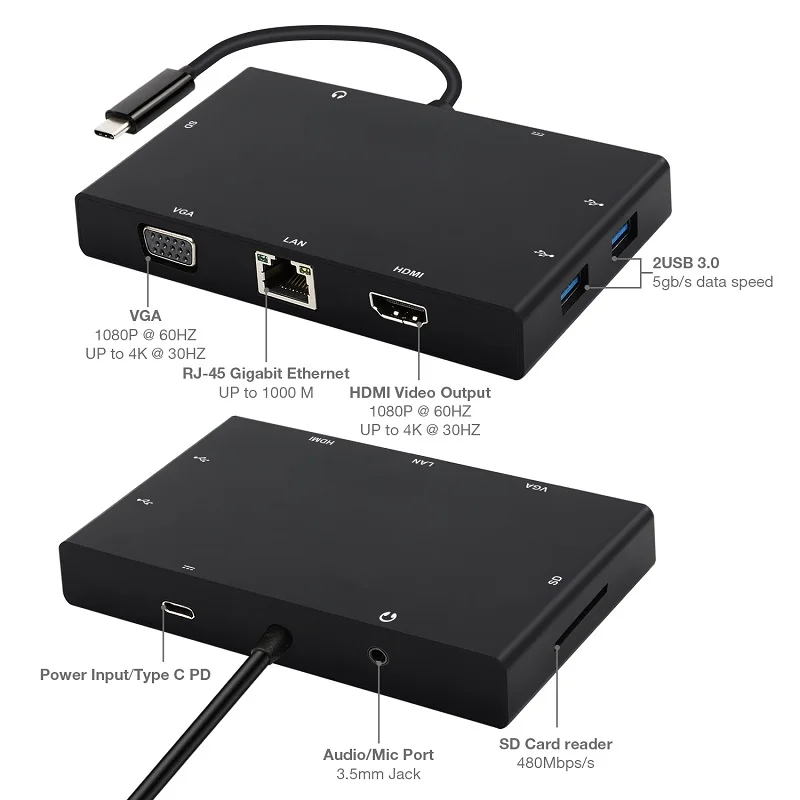 USB C 3 1 Тип концентратор к HDMI VGA RJ45 Gigabit Ethernet коммутатор SD кард ридер 5 мм аудио c PD