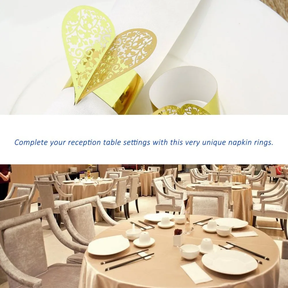 50pcs Creative Heart Shape Laser Cut Paper Napkin Ring for Wedding Party Dinner Table Decoration Napkin Buckle