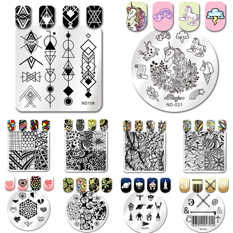 

NICOLE DIARY Nail Stamping Plates Square Round Geometric Pattern Flower Nail Art Template