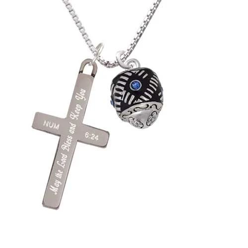 Diagonal Banded Barrel with Blue Crystals Spinner - Bless and Keep You - Cross Necklace (1)