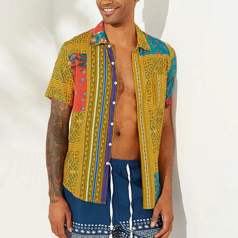 

Summer Short Sleeve Vintage Shirt Men Ethnic Style Printing Button Casual Breathable Stylish Tropical Hawaiian Shirts Men 2019