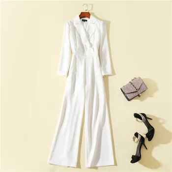 

Women solid color white sexy jumpsuit long sleeve notched collar wide leg pants overalls 2019 new autumn romper