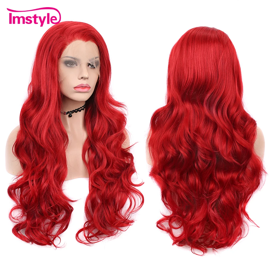 Imstyle красный парик синтетический парик на кружеве для женщин длинный волнистый парик на шнурке косплей парик Термостойкое волокно без клея натуральный волос