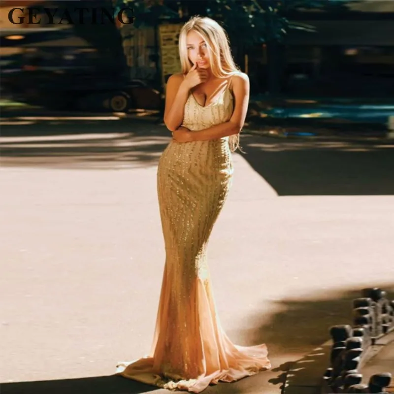 

Sexy Spaghetti Strap Mermaid Prom Dresses 2019 Long Elegant Maxi Women Formal Party Dress Champagne Sequin Evening Gowns Vestido