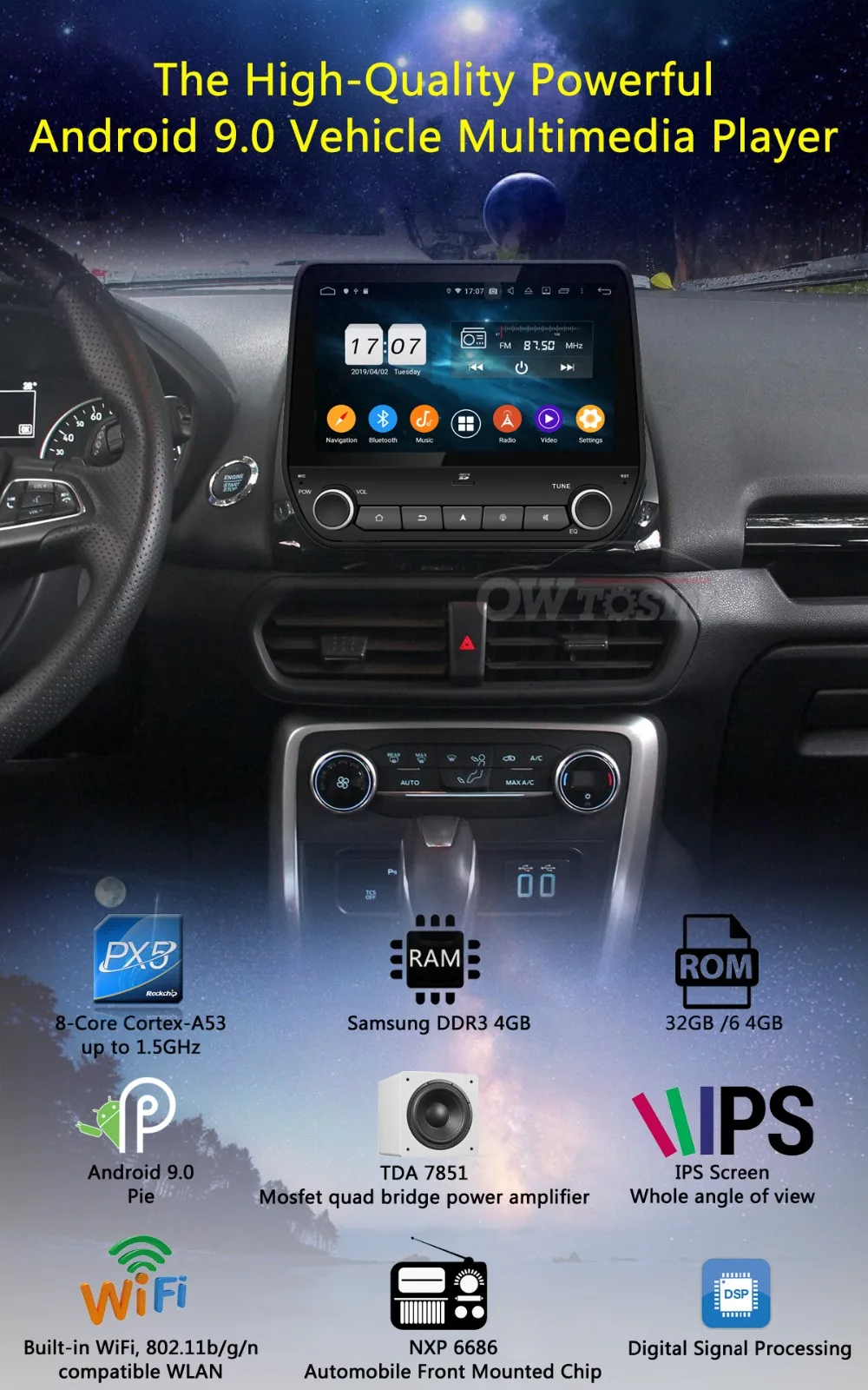 Perfect Android 9.0 8Core 9" IPS 4G RAM+64G ROM Car DVD Radio Player GPS For Ford Eco sport Fiesta 2017 2018 DSP CarPlay Parrot BT Adas 1