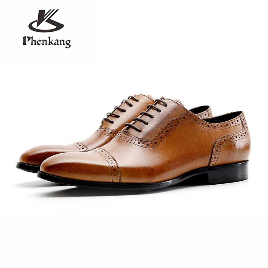 Phenkang Men Genuine Leather Shoes Man Business Dress Classic Style Coffee Black Lace Up Pointed Toe Shoes For Men Oxford
