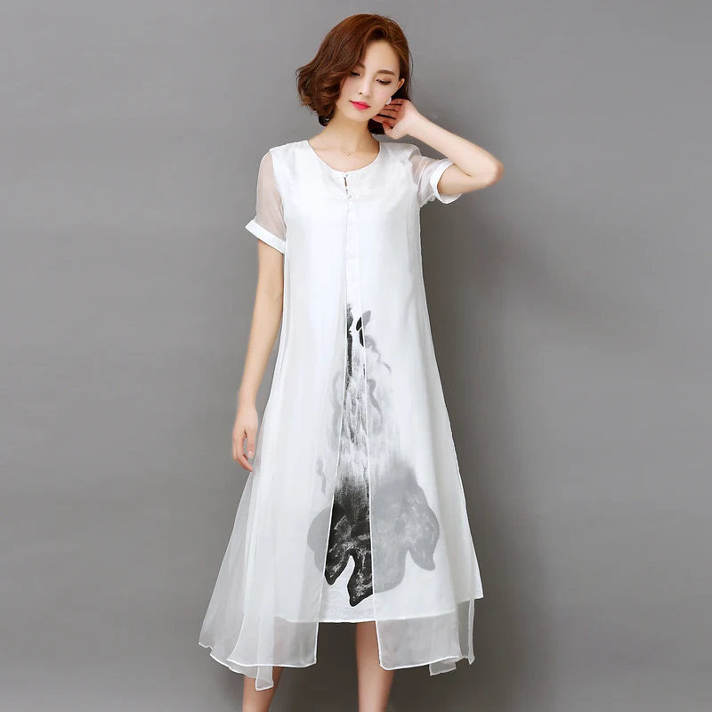 High Quality New Spring Summer Women Work Wear Ink Print Retro Cotton Linen Designs Casual Dresses Slim White | Женская одежда
