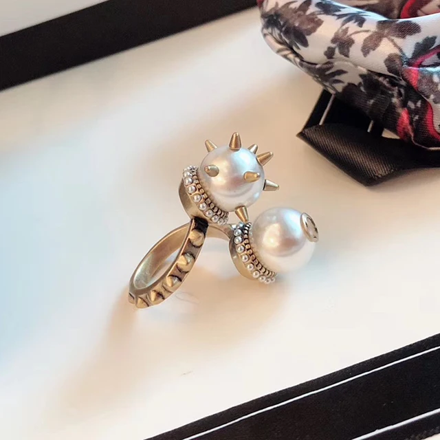 Top Brand Fashion Pearl Jewelry For Women Vintage Rings Big Pearl Ring wedding Party Rings Yellow Brass Jewelry Steam Punk Rings