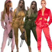 2019 Autumn Women Bandage Tracksuit Fashion Long Sleeve Suit Runway Casual Women Crop Top+Pants Two Pieces Set Lady Tracksuit top quality 2017 autumn winter women sexy runway 2 pieces bandage set long sleeve cardigan coat suit tunic pencil pants set