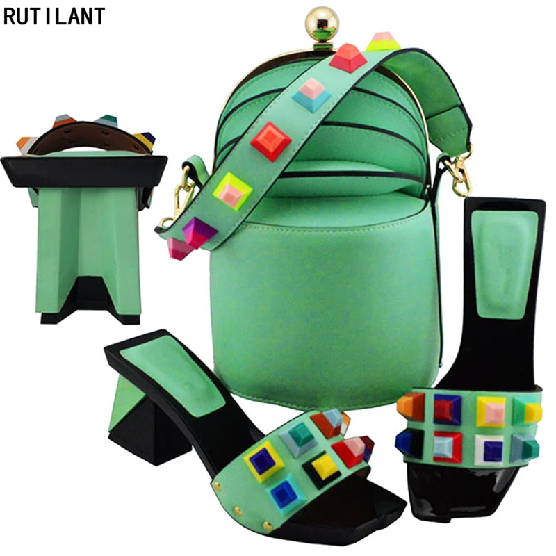 

New Fashion Nigerian Party Shoe and Bag Decorated with Rivet Italian Shoe and Bag Set for Party In Women Women Shoes High Heel