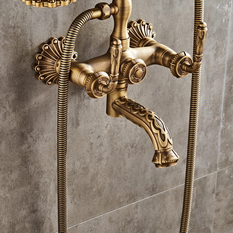 Antique Brass Bathroom Faucet Mixer Tap Wall Mounted Hand Held Shower Head Kit Shower Faucet Sets XT334