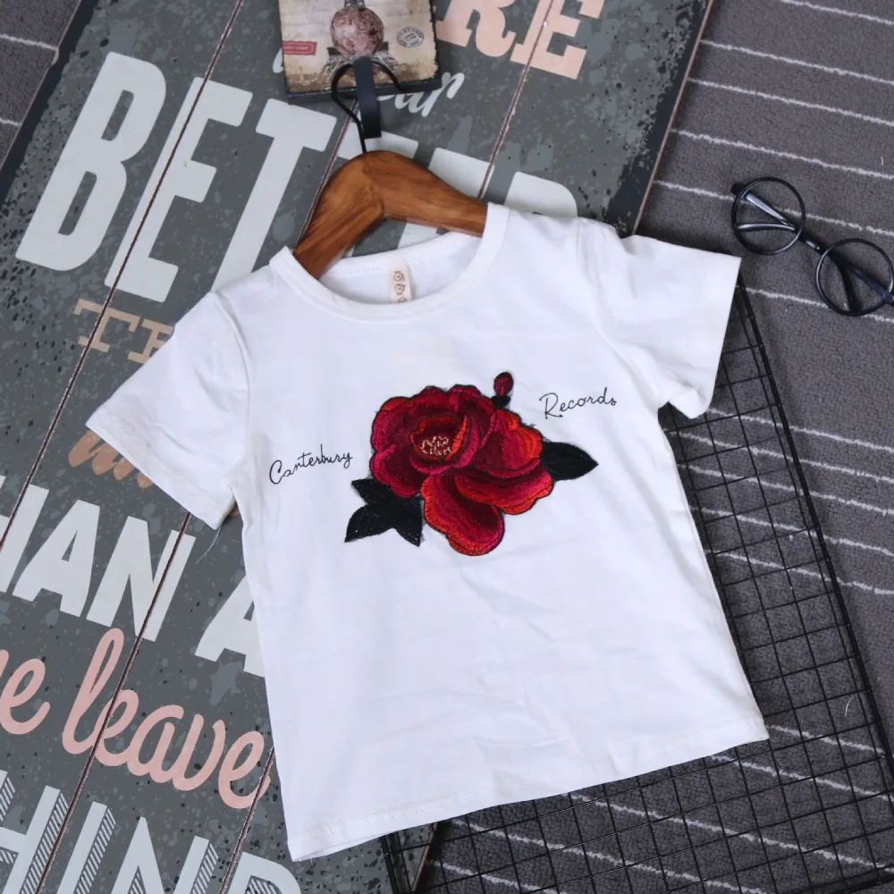 Летняя мода для девочек хлопок Повседневная одежда с короткими рукавами футболка для девочек цветок роза белая футболки милая детская
