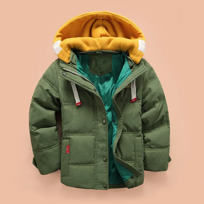 Новые детские пуховики и парки От 3 до 11 лет-зима, Детская Верхняя одежда Повседневная теплая куртка с капюшоном для мальчиков, однотонные теплые пальто для мальчиков