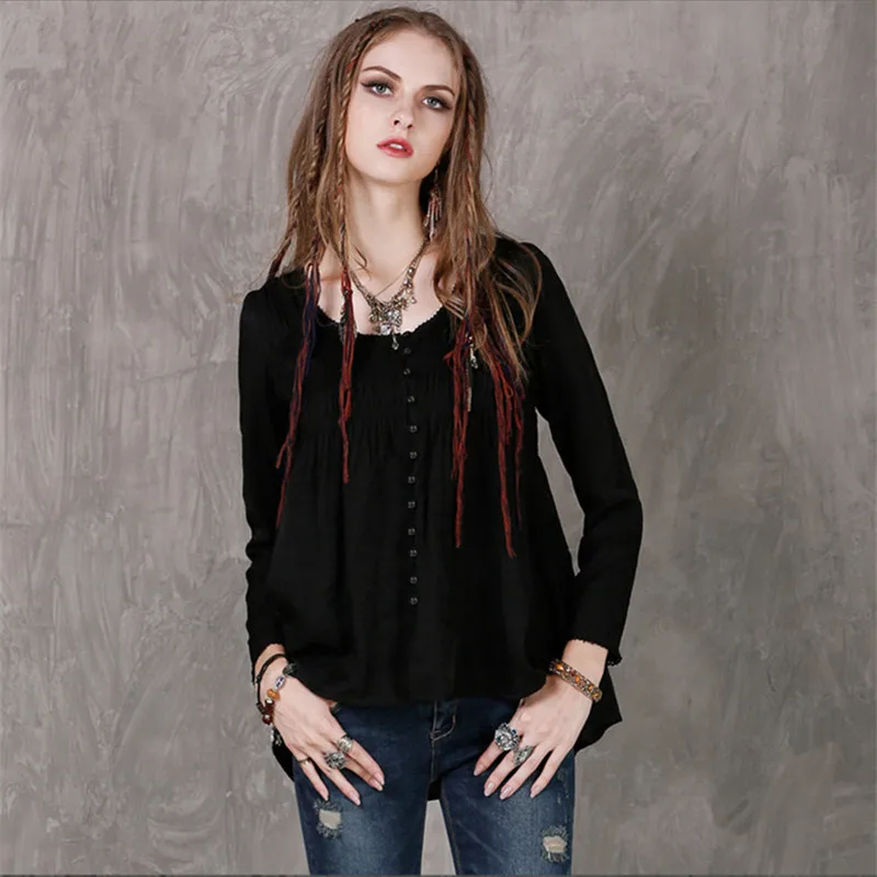 

Vintage Draped Women Blouse Boho New Cotton Basic Blouse Women's Shirt Tops O-Neck Long Sleeve Single Breasted Pleated Shirt