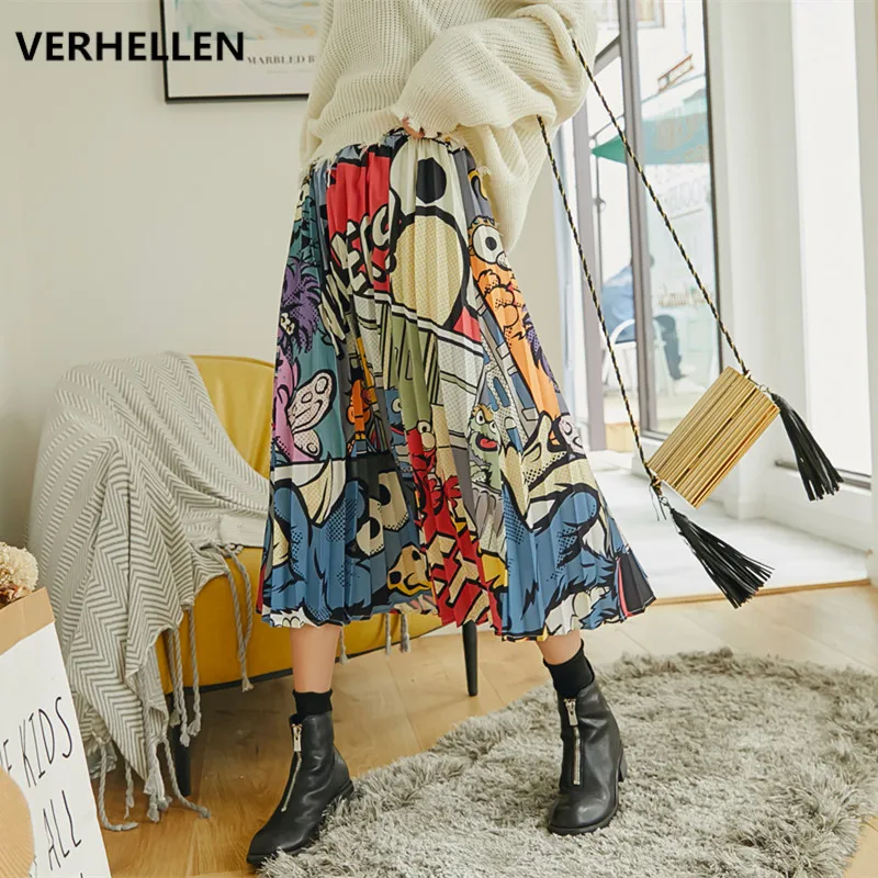 

VERHELLEN High Quality Fashion Designer Runway Skirts 2019 Korean Style Women Casual Elegant Pleated Graffiti Print Skirt Female
