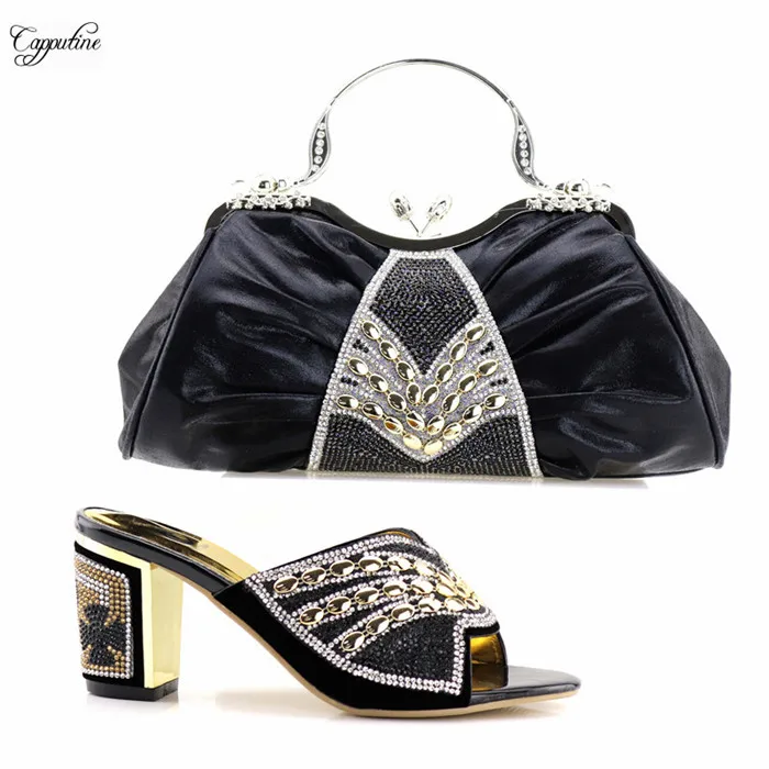 New coming black sandal shoes and evening clutch bag set latest high